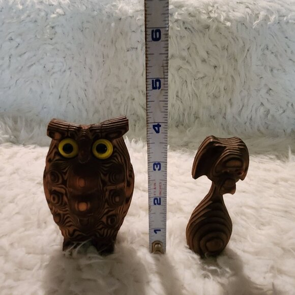 Hand Carved Cryptomeria Japan Wony Owl & Dog Figurine Set - Picture 2 of 11